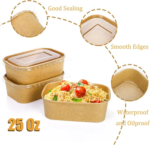 Miniatura 3 de Yesland Paquete de 50 cuencos rectangulares de papel kraft compostables, 25 onzas, aptos para microondas y congelador, reutilizables, perfectos