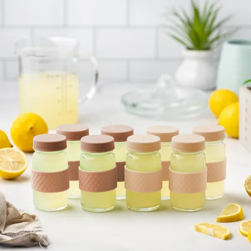 Miniatura 8 de Recipientes para chupitos de jugo, vidrio, transparentes, 2 onzas, tapas de colores y bandas de agarre de silicona, almacenamiento de bebidas