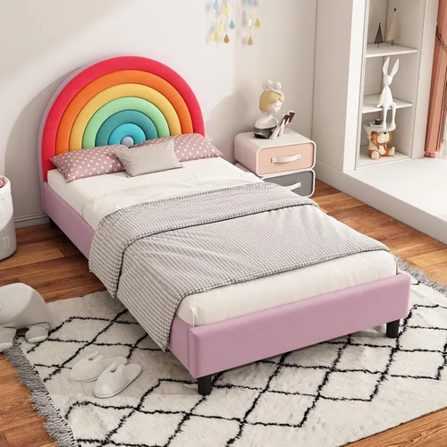 Miniatura 4 de SOFTSEA Base de cama tamaño individual con diseño de arco iris para niños, cama tapizada individual con cabecera arcoíris, cama de princesa, linda