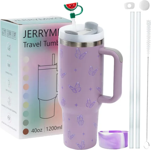Miniatura 12 de Vaso de 40 onzas con asa y tapa con popote, Vasos aislados de acero inoxidable de pared doble con sello al vacío, Taza de viaje para bebidas frías