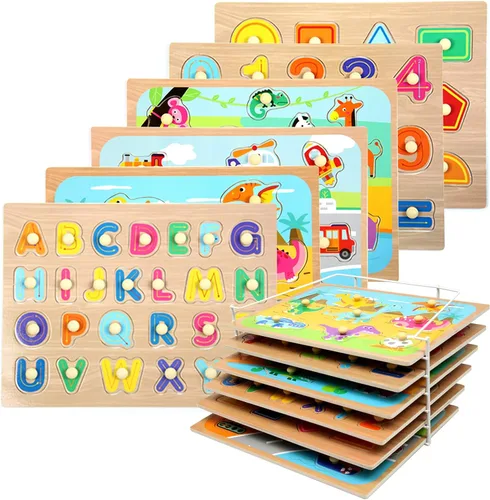WOOD CITY Juego de rompecabezas y estante para niños pequeños, paquete de rompecabezas de madera con soporte de almacenamiento, rompecabezas