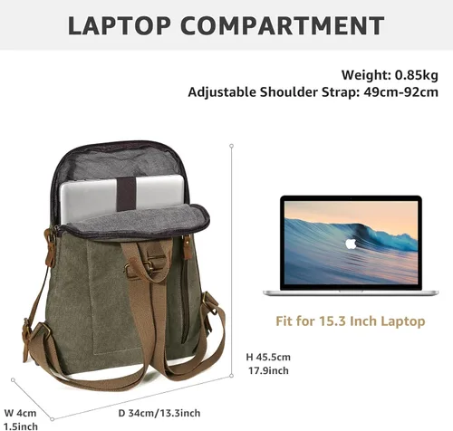 Miniatura 2 de KL928 Mochila de lona vintage para hombres y mujeres, mochila para laptop, mochila de viaje, bolsa de viaje al aire libre, verde oliva