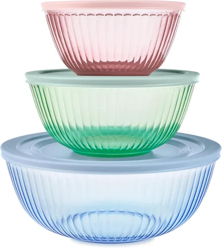 Pyrex Colores Tintados (Paquete de 3, Juego Completo) Tazones de Mezcla de Vidrio Tintado Esculpido con Tapas, Juego de Tazones Anidables que