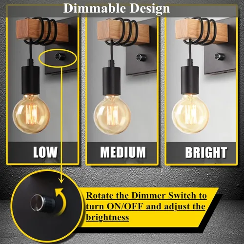 Miniatura 2 de Lightess Apliques de pared negros regulables, lámpara de pared Edison con interruptor de atenuación de encendido/apagado, lámpara de pared