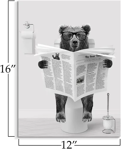 Miniatura 2 de Decoración de Arte de Pared en Blanco y Negro – Oso con Gafas Sentado en el Inodoro Leyendo Periódico, Impresiones en Lienzo, Imágenes de Animales