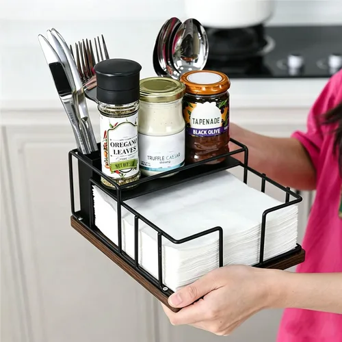 Miniatura 7 de Servilletero para mesa, dispensador de servilletas de metal con almacenamiento de salero y pimienta, soporte para utensilios 3 en 1, estante