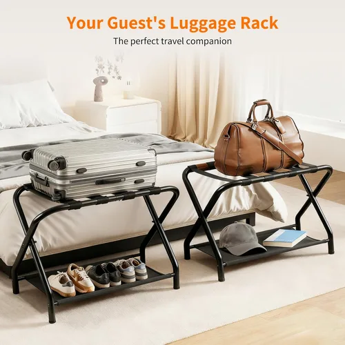 Miniatura 2 de Heybly Portaequipajes, paquete de 2, soporte plegable de acero para maleta con estante de almacenamiento para dormitorio, hotel, marco de acero