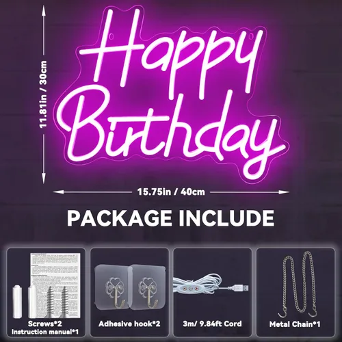 Miniatura 5 de Letreros de neón de feliz cumpleaños para decoración de fiesta, luz de neón de cumpleaños LED regulable para decoración de pared, letreros de neón