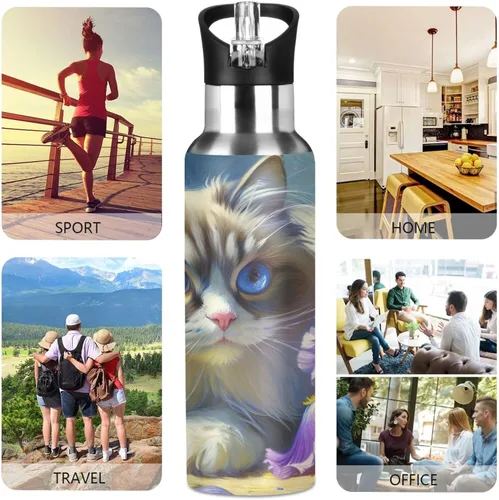 Miniatura 5 de Stainless Steel Vacuum Insulated Water Bottle 32 Oz, Leakproof Water Bottles for Gym Outdoor Travel School, Cute Cat Purple Flowers