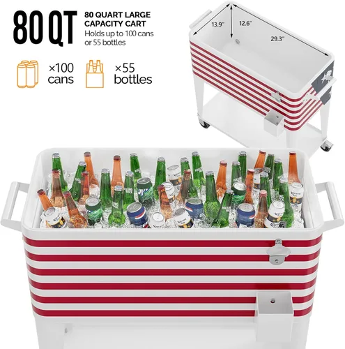 Miniatura 5 de Outvita Hielera Rodante de 80 Cuartos, Enfriador Portátil de Bebidas para Bar con Bandeja Colectora, Bandeja de Almacenamiento Inferior