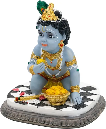 Miniatura 7 de alikiki Estatua de ídolo de bebé Krishna – 5.9 pulgadas de alto dios hindú Laddu Gopal arrodillado disfruta de Laddus India Murti Artículo