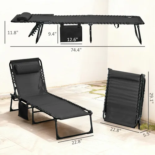 Miniatura 3 de Outsunny Tumbona plegable para exteriores, silla de bronceado con bolsillo lateral, correa de transporte, tumbona portátil para patio y playa