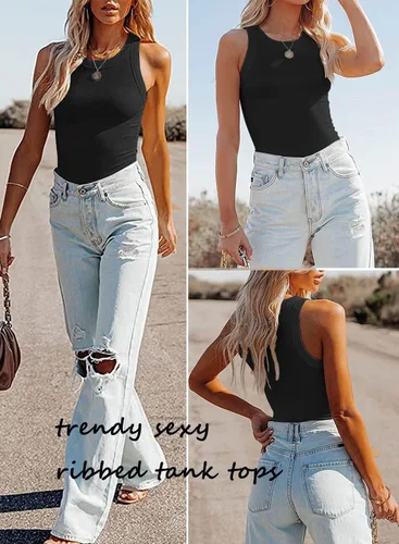 Miniatura 4 de Samefar Camiseta sin mangas de punto ajustado para mujer, sin mangas, espalda cruzada, casual, básica, acanalada