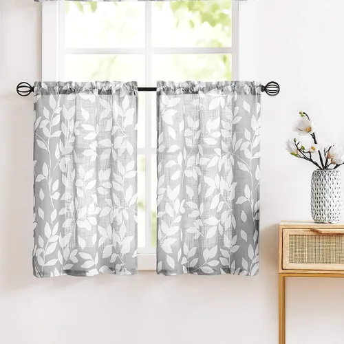 Miniatura 9 de Treatmentex Cortinas azules de cocina de 24 pulgadas con estampado de hojas blancas cortas para ventanas pequeñas, 2 paneles