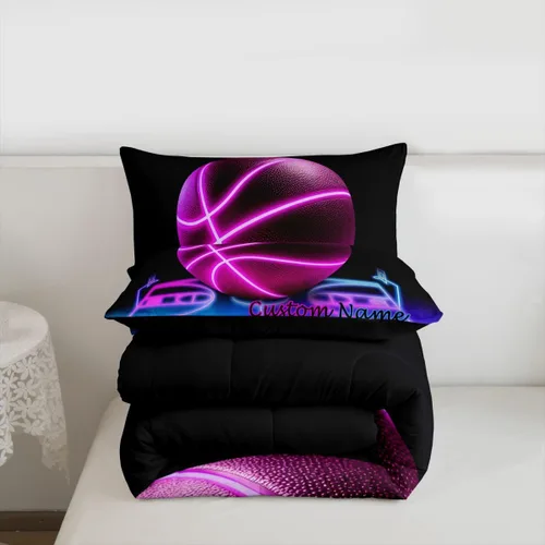 Miniatura 7 de Erosebridal Juego de ropa de cama de baloncesto rosa tamaño matrimonial para niños y niñas, juego de edredón con temática deportiva, edredón