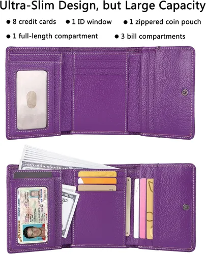 Miniatura 2 de AINIMOER Cartera pequeña de piel para mujer, delgada, compacta, con bloqueo RFID, con bolsillo para monedas, Lichee - Bloqueo Rfid morado.