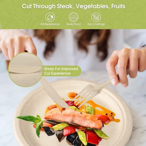 Miniatura 5 de Fuyit Juego de 250 platos de papel desechables con cubiertos, vajilla biodegradable y ecológica compostable, incluye plato, tenedor más grande