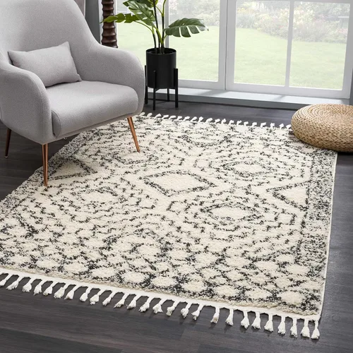 Miniatura 21 de Hauteloom, Duncans - Alfombra de estilo granja de pelo mullido para sala y dormitorio, con borlas - Beige, carbón, gris - 2 pies 7 pulgadas x 7 pies