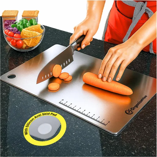 Miniatura 10 de OrganizeMee Tabla de cortar de acero inoxidable para cortar frutas para cocina, tabla de cortar para verduras, panes y carnes, resistente, seguro
