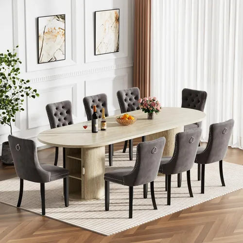 Miniatura 33 de Mesa de comedor redonda extensible de 94 pulgadas con base de almacenamiento, mesa de comedor expandible natural para 10, mesa de comedor de madera