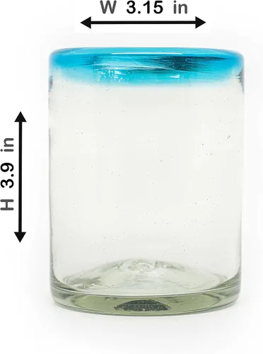Miniatura 3 de Juego de 6 vasos soplados a mano (10 onzas) de México con borde Aquamarina – Cristalería de vidrio de burbuja reciclado, rústico y hecho a mano