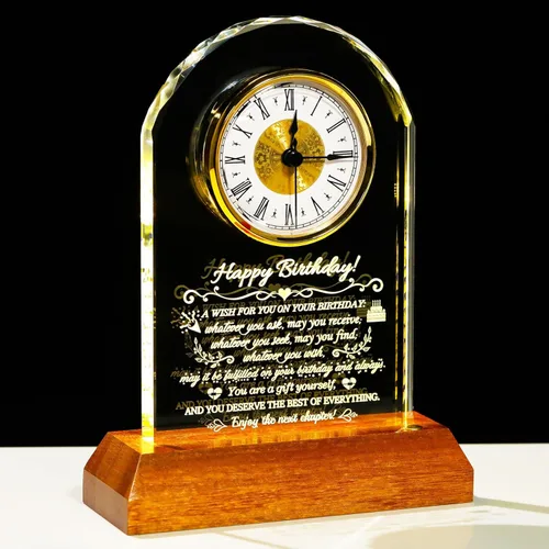 Miniatura 12 de Arikyrist Reloj de cristal de feliz cumpleaños 80 para hombres y mujeres, reloj de cuarzo con base de luz LED de madera, regalos de cumpleaños de 80
