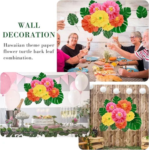 Miniatura 4 de Canlierr Paquete de 40 suministros de decoración de fiesta tropical, papel de seda grande, flores de hibisco, hojas de palma sintéticas, juego