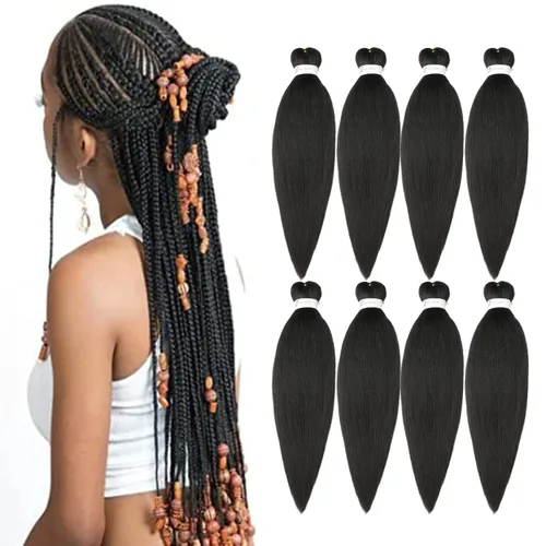 Miniatura 16 de Cabello trenzado preestirado de 24 pulgadas, 8 paquetes de extensiones de cabello sintético de fácil trenzado sintético profesional suave textura #1B