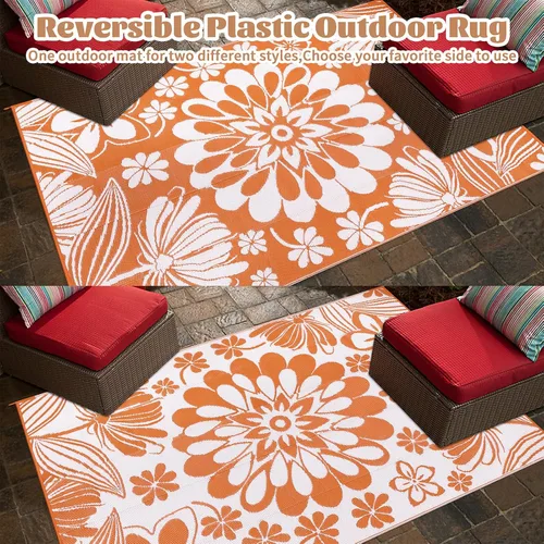 Miniatura 3 de Ileading Alfombra de Paja de Plástico para Exteriores 5x8 pies Estilo Floral Divertido Alfombras de Área Reversibles para Patio Impermeables