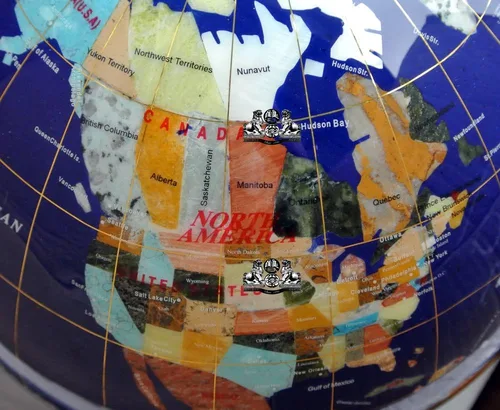 Miniatura 2 de Unique Art - Globo del mundo de lapislázuli azul de 21 pulgadas de alto con trípode plateado y piedra de provincia dividida de Canadá y piedra
