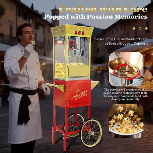 Miniatura 2 de Máquina de palomitas de maíz comercial vintage con carrito y luz calentadora - Palomitero de acero inoxidable de 12 onzas hace 60 tazas para cine