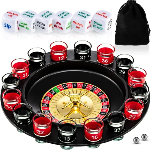 Hiboom Juego de ruleta de vaso de chupito y juego de dados para beber, 16 vasos y 2 bolas para adultos, reuniones familiares, bares, suministros de