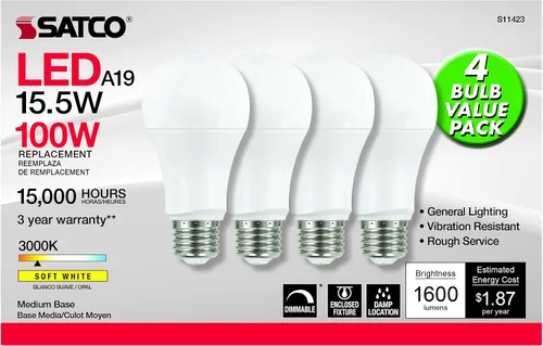 Miniatura 2 de Satco 15.5w 120v A19 LED E26 base mediana 1600 lúmenes 3000k (4 bombillas LED)