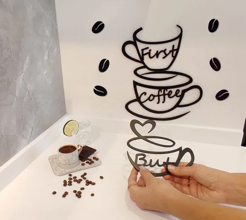 Miniatura 3 de 4eN Letrero de pared con texto en inglés «But First Coffee» – Decoración moderna de madera MDF para cocina y cafetería – Elegante decoración