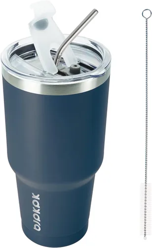 BJPKPK - Vaso de 30 onzas con tapa y pajilla, de acero inoxidable con aislamiento de doble pared al vacío, color azul marino A-Azul Marino-30oz