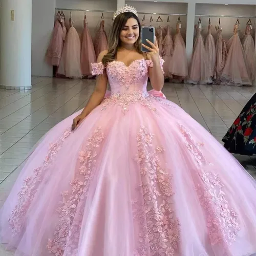 Miniatura 5 de XYAYE Vestido de quinceañera con hombros descubiertos para mujer, con flores en 3D, vestido de baile hinchado de encaje con cuentas, vestido