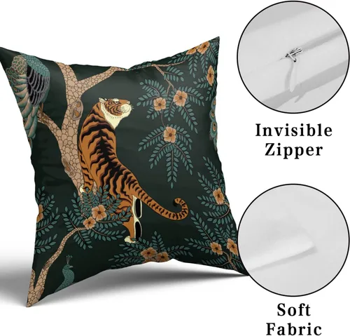 Miniatura 7 de Juego de 2 fundas de almohada de tigre, de algodón, con diseño de animales de bosque de pavo real, decorativas, para dormitorio, sofá, sala