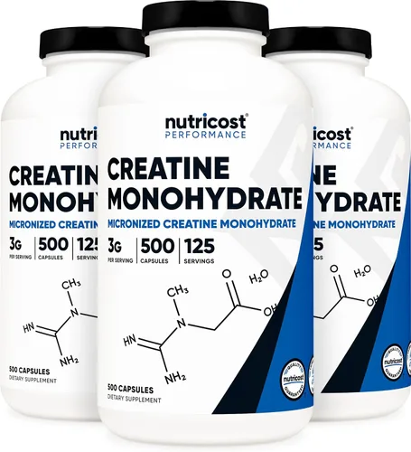 Nutricost Monohidrato de creatina 3000 mg (750 mg por cápsula), 500 cápsulas (3 botellas)