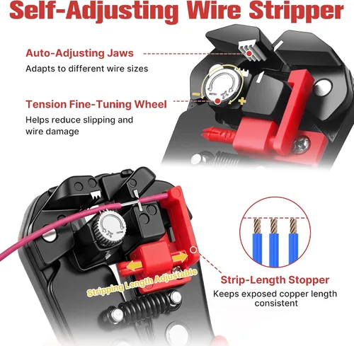 Miniatura 4 de Kuject Kit de pelacables y herramienta de crimpado, 3 en 1 autoajustable para pelar cables de 10-24 AWG con juego de herramientas de crimpado