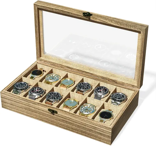 SRIWATANA Caja de reloj, organizador de caja de reloj para hombres y mujeres, regalo del día del padre, 12 ranuras para reloj con tapa de cristal,