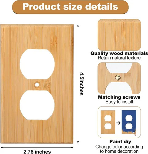 Miniatura 2 de Pinkunn 20 piezas de placa de cubierta de interruptor de luz de madera de 4.5 x 2.76 pulgadas, bambú decorativo de madera de doble agujero