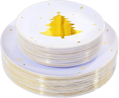 Miniatura 14 de WDF 50 platos de plástico plateados, platos de plástico de Navidad con árbol de Navidad, platos desechables blancos y plateados resistentes