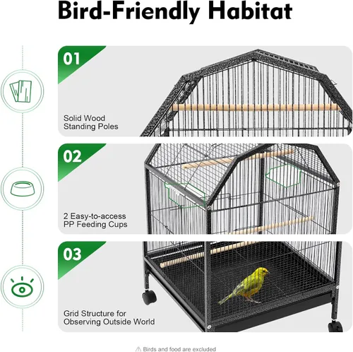 Miniatura 8 de Jaula grande para pájaros con tragaluz abierto, soporte rodante y 5 puertas, jaulas móviles para loros, jaula de vuelo para pájaros de mascotas