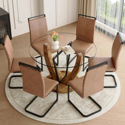 Miniatura 11 de 5-Piece Round Glass Dining Table Set for 4, 48” Modern Dining Room Table with Wood Grain Base, Brown Suede Upholstered Chairs with Black Metal Legs