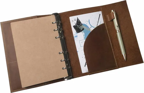 Miniatura 4 de WANDERINGS Diario de carpeta de cuero A5, organizador de 6 anillos hecho a mano con bolsillos, planificador de cuero con insertos de planificador