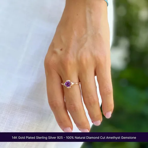 Miniatura 5 de Anillo de boda de amatista de oro rosa de 14 quilates, anillo de compromiso de amatista, anillo de compromiso para mujer, anillo de promesa morado