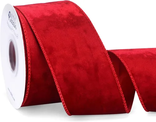 Ribbli Cinta de Terciopelo Rojo con Alambre de 2.5 Pulgadas, Cinta de Navidad de Terciopelo Aplastado Rojo Metálico para Envolver Regalos, Rojo