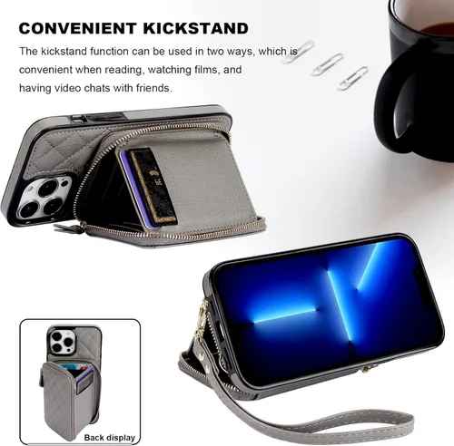 Miniatura 5 de Bocasal Funda tipo cartera con bandolera para iPhone 13 Pro Max, cartera de cuero PU con cierre de cremallera y bloqueo RFID, funda tipo folio