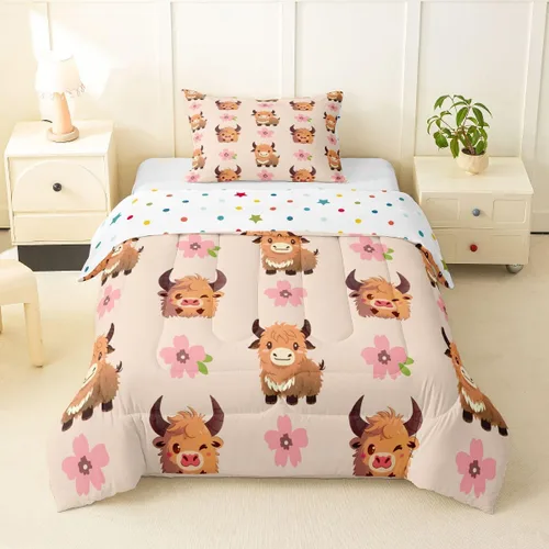 Miniatura 49 de Juego de ropa de cama de vaca de las tierras altas, edredón de ganado de las tierras altas, juego de edredón rosa floral de vaca occidental, juego