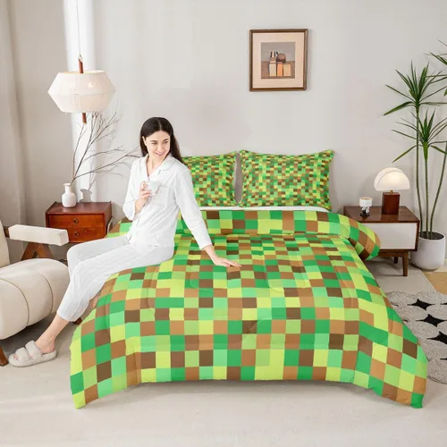 Miniatura 56 de Pixelated Miners - Juego de edredón para niños, tamaño individual, juego de ropa de cama de videojuegos a cuadros geométricos para adolescentes